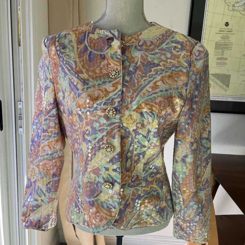 A.J. Bari Vintage Silk Blazer Colorful Sequin Rhinestones - Picture 3 of 10